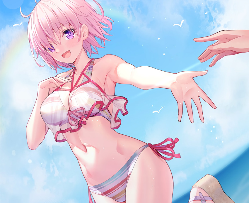 bikini blush breasts cleavage clouds cropped fate/grand_order fate_(series) mash_kyrielight pink_hair purple_eyes ririko see_through short_hair sky swimsuit waifu2x water