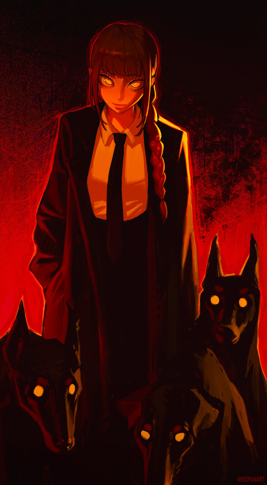 absurdres blunt_bangs braid canine chainsaw_man closed_mouth coat collared_shirt commentary dobermann edpan english_commentary female highres limited_palette long_hair looking_at_viewer makima_(chainsaw_man) necktie open_clothes open_coat pants red_theme ringed_eyes shirt smile solo standing white_shirt wing_collar yellow_eyes