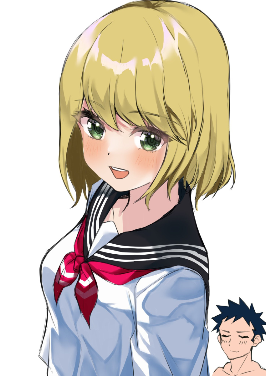 1boy aikawa_fudou black_hair black_sailor_collar blonde_hair breasts brown_(k894418) closed_eyes female green_eyes highres koi_wa_sekai_seifuku_no_ato_de magahara_desumi medium_breasts neckerchief red_neckerchief sailor_collar school_uniform serafuku short_hair simple_background upper_body white_background