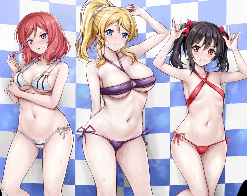 3girls arm_under_breasts arm_up ass_visible_through_thighs ayase_eli bare_arms bare_shoulders bibi_(love_live!) bikini black_hair blonde_hair blue_background blue_eyes blush bow breasts breath cameltoe checkered_background cleavage closed_mouth collarbone commentary_request covered_nipples cutie_panther double_w flat_chest grin hairbow hand_up highres large_breasts long_hair looking_at_viewer love_live! love_live!_school_idol_project medium_breasts medium_hair micro_bikini multiple_girls navel nishikino_maki parted_lips playing_with_own_hair ponytail pretzel_bikini purple_bikini purple_eyes r-binon red_bikini red_bow red_eyes red_hair side-tie_bikini_bottom sidelocks smile sofmap_background standing step_and_repeat stomach string_bikini striped_bikini striped_clothes sweat sweatdrop swimsuit thighs tile_wall tiles twintails twirling_hair w wet white_bikini yazawa_nico