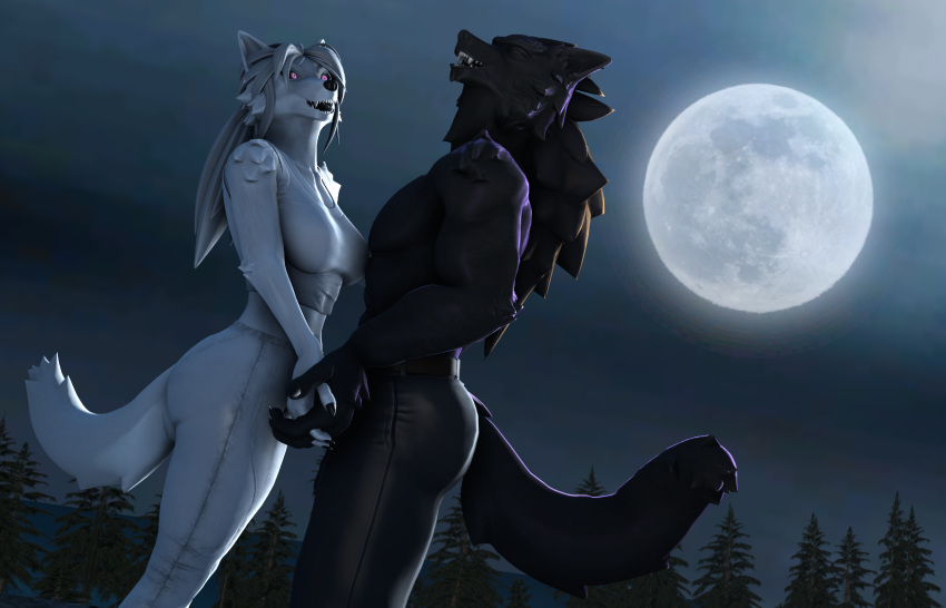 14:9 3d_(artwork) anthro black_body black_fur black_sclera canid canine canis closed_eyes clothed clothing digital_media_(artwork) duo female full_moon fur hand_holding hi_res howl looking_at_another male male/female mammal moon night outside partially_clothed petruz_(copyright) plant smile source_filmmaker_(artwork) tree white_body white_fur wolf wolf_(petruz) wolfikous