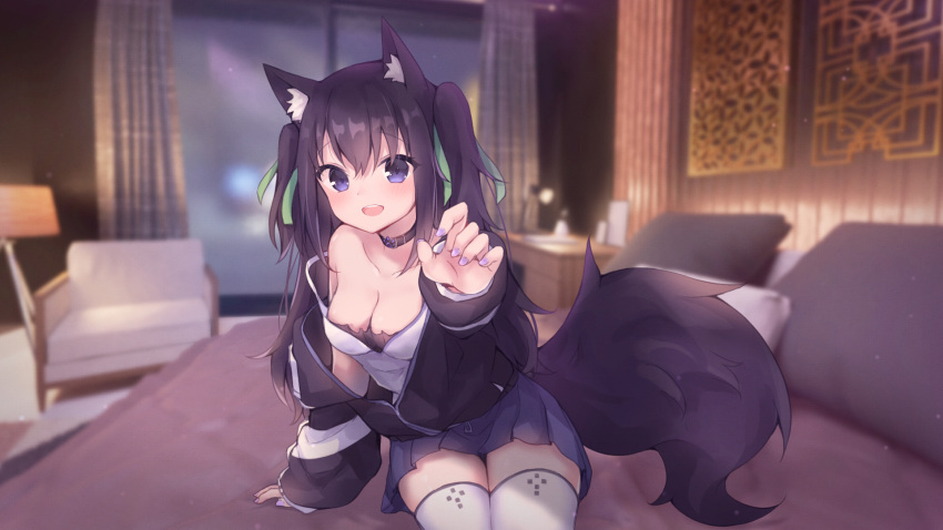 :d animal_ear_fluff animal_ears arm_at_side arm_support arm_up bed black_choker black_hair black_jacket blue_eyes blue_skirt blurry blurry_background breasts camisole choker cleavage collarbone cowboy_shot curtains dog_ears dog_tail eyelashes female fluffy green_ribbons guild_cq hair_between_eyes hair_ribbon highres indoors jacket leaning_to_the_side legs_together light_blush long_hair long_sleeves looking_at_viewer maka_neko medium_breasts miniskirt multicolored_clothes multicolored_hair multicolored_jacket nail_polish off_shoulder on_bed open_clothes open_jacket open_mouth outstretched_arm partially_unzipped pillow pleated_skirt purple_nails quon_tama raised_eyebrows ribbon sidelocks single_bare_shoulder sitting skirt sleeves_past_wrists smile solo strap_slip tail teeth thighhighs two-tone_hair upper_teeth_only virtual_youtuber white_camisole white_thighhighs window zettai_ryouiki