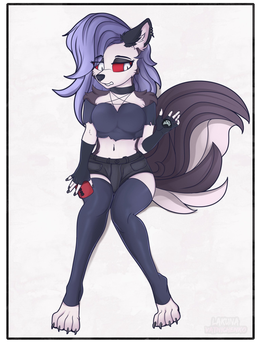 2021 anthro black_nose breasts canid canid_demon claws clothing demon ear_piercing eyebrows eyelashes female fingerless_gloves fluffy fluffy_tail fur gloves grey_body grey_fur grey_hair hair half-closed_eyes handwear hellhound helluva_boss hi_res inner_ear_fluff lakunae leggings legwear long_hair loona_(vivzmind) mammal multicolored_body multicolored_fur narrowed_eyes navel phone piercing red_sclera shoulder_tuft solo toe_claws tuft white_body white_fur