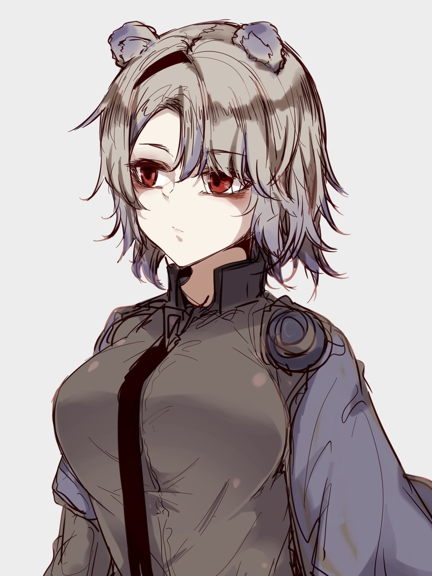 absinthe_(arknights) animal_ears arknights bear_ears bear_girl black_jacket black_necktie blush closed_mouth commentary_request expressionless female grey_hair highres hourai_kochou jacket looking_away necktie red_eyes simple_background solo upper_body white_background