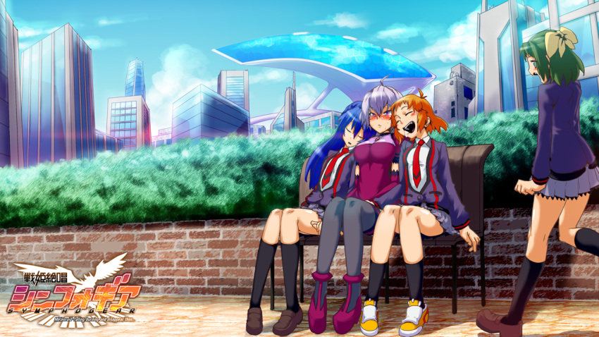 4girls blue_hair brown_hair commentary_request green_eyes green_hair kazanari_tsubasa kohinata_miku logo long_hair lydian_academy_school_uniform multiple_girls one_side_up outdoors photoshop_(medium) pija_(pianiishimo) purple_eyes purple_hair saliva school_uniform senki_zesshou_symphogear short_hair tachibana_hibiki_(symphogear) thighhighs yukine_chris