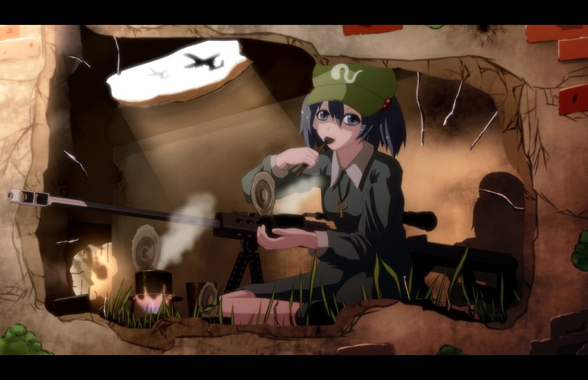 a-10_thunderbolt_ii anti-materiel_rifle barrett_m82 can commentary_request cooking eating female fire grass gun hair_bobbles hair_ornament hat kawashiro_nitori key letterboxed rifle short_twintails sitting sniper_rifle solo spoon tomon_(slash0410) touhou twintails two_side_up weapon