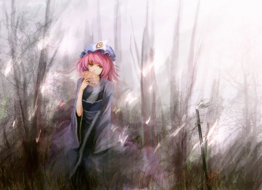 bug butterfly commentary_request female folding_fan hand_fan hat metalwasabi photoshop_(medium) pink_eyes pink_hair saigyouji_yuyuko short_hair solo sword touhou weapon