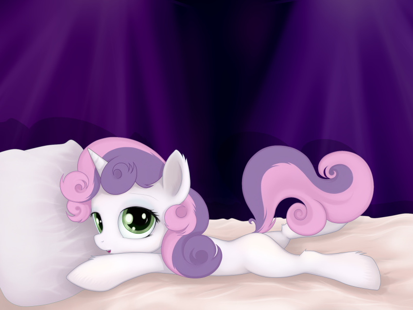 4:3 abstract_background bed equid equine female feral friendship_is_magic furniture green_eyes hair hasbro hi_res horn lying mammal multicolored_hair my_little_pony mythological_creature mythological_equine mythology pillow pink_hair purple_hair quadruped rainbow_(artist) simple_background solo sweetie_belle_(mlp) tail two_tone_hair unicorn white_body young young_feral