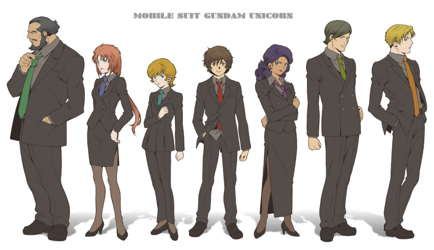 3girls 4boys audrey_burne bad_id bad_pixiv_id banagher_links beard black_hair blonde_hair blue_hair brown_hair dress facial_hair formal gundam gundam_unicorn jacket loni_garvey marida_cruz mineva_lao_zabi multiple_boys multiple_girls nigel_garrett orange_hair pant_suit pants pantyhose pencil_skirt ponytail purple_hair red_hair redpipin riddhe_marcenas skirt skirt_suit suberoa_zinnerman suit