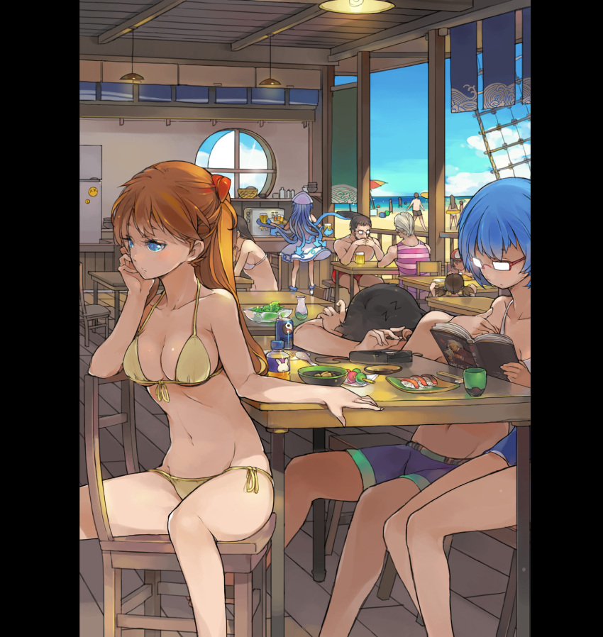 ayanami_rei bare_shoulders beach bespectacled bikini blue_eyes blue_hair book breasts broad_shoulders cassette_player chair cleavage cloud collarbone commentary_request crossover dango day english_text fish_(food) food front-tie_top fuyutsuki_kouzou gendou_pose glasses halterneck head_rest headphones highres ikamusume ikari_gendou ikari_shinji indoors lamp long_hair medium_breasts multiple_boys multiple_girls navel neon_genesis_evangelion nigirizushi ocean opaque_glasses orange_hair outdoors own_hands_clasped own_hands_together photoshop_(medium) pillarboxed reading red-framed_eyewear round_window sakura_sora shinryaku!_ikamusume shiny_skin short_hair side-tie_bikini_bottom sitting sitting_backwards sky sleeping small_breasts souryuu_asuka_langley string_bikini sushi swimsuit table tentacle_hair underboob wagashi window yellow_bikini zzz