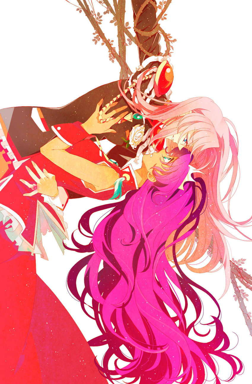 2girls ateka blue_eyes commentary_request dark-skinned_female dark_skin dress epaulettes flower frills green_eyes highres himemiya_anthy long_hair multiple_girls pink_hair purple_hair red_dress rose shoujo_kakumei_utena tenjou_utena white_background wrist_cuffs yuri