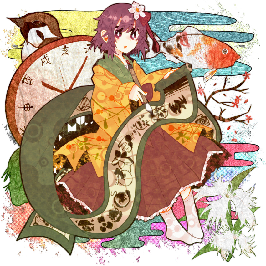 bad_id bad_pixiv_id bird calligraphy_brush chinese_zodiac eurasian_tree_sparrow female fish flower green_kimono hair_flower hair_ornament hand_fan hieda_no_akyuu highres itomugi-kun japanese_clothes kimono koi open_mouth paintbrush pencil purple_eyes purple_hair scroll short_hair sitting solo sparrow touhou