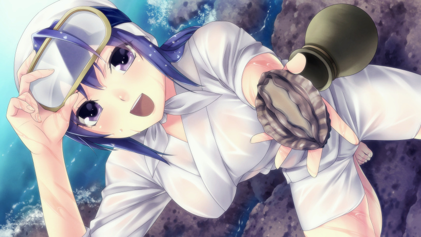 :d abalone bad_link barefoot blue_hair diving_mask diving_mask_on_head dutch_angle female game_cg goggles goggles_on_head highres hirano_katsuyuki holding japanese_clothes kneeling looking_at_viewer love_application open_mouth outstretched_hand purple_eyes see-through smile takigawa_aoi teeth toes touch_shiyo! water wet