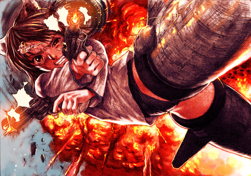 animal_ears black_buruma brown_hair buruma commentary_request crossed_arms dog_ears dog_girl dual_wielding explosion female firing gun handgun holding miyafuji_yoshika no_pants pizza_man revolver school_swimsuit shell_casing short_hair solo strike_witches striker_unit swimsuit swimsuit_under_clothes traditional_media weapon world_witches_series