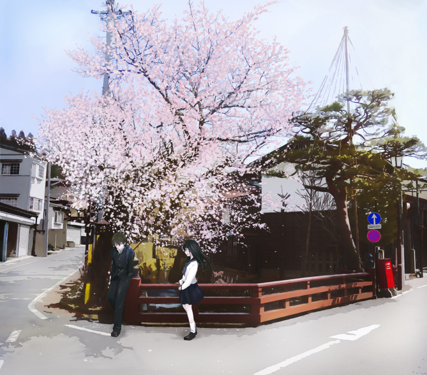 1boy black_hair brown_hair building cherry_blossoms chitanda_eru day female fence gakuran hands_in_pockets hyouka in-universe_location kamiyama_high_school_uniform_(hyouka) kneehighs long_hair neckerchief no_parking_sign open_mouth oreki_houtarou outdoors power_lines profile real_world_location road road_sign school_uniform serafuku shoes sign skirt sky socks street takanashi_akihito tree white_legwear