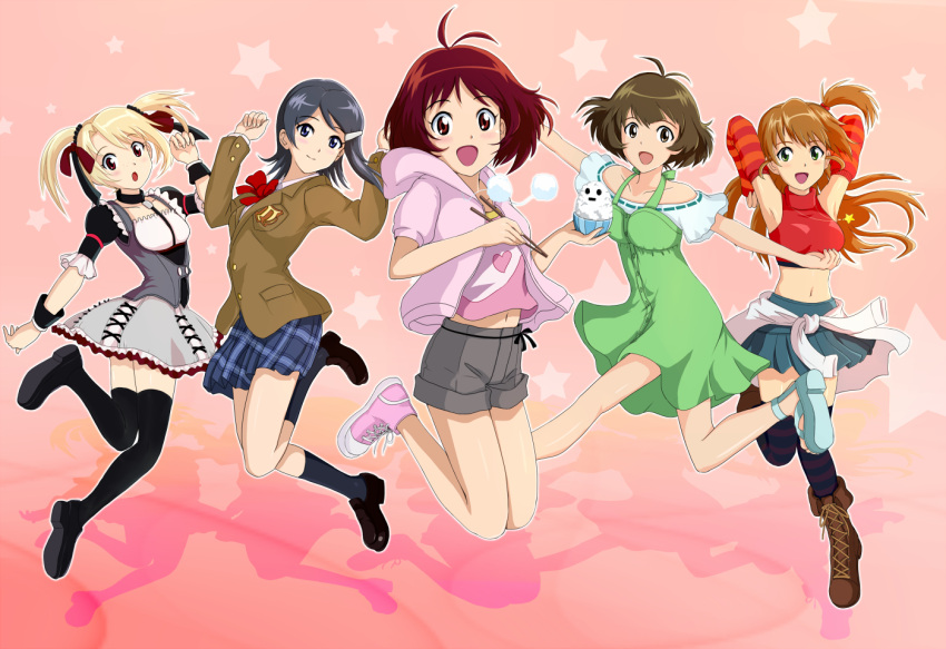 1boy 4girls akizuki_ryo antenna_hair armpits arms_up blazer blonde_hair boots bowl brown_hair chopsticks clothes_around_waist commentary_request cross-laced_footwear dearly_stars_(idolmaster) detached_sleeves dress frills halterneck hidaka_ai hina_(araburu-hinadori) hood hoodie idolmaster idolmaster_dearly_stars jacket jumping k-on! k-on!_movie lace-up_boots leg_lift loafers long_hair midriff mizutani_eri multiple_girls navel otoko_no_ko parody pleated_skirt rice_bowl sakurai_yumeko school_uniform shirt shirt_around_waist shoes short_hair shorts side_ponytail skirt striped suzuki_ayane thighhighs twintails wrist_cuffs