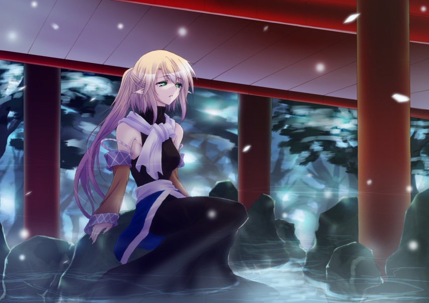 alternate_costume alternate_hair_length alternate_hairstyle black_dress blonde_hair commentary_request detached_sleeves dress female green_eyes half_updo hazuki_kasane lights long_hair mizuhashi_parsee pointy_ears ponytail river rock scarf sitting sitting_on_rock skirt solo touhou under_bridge water