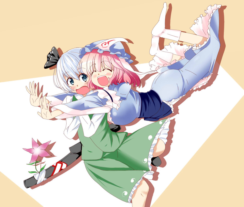 2girls blue_dress blue_eyes blush breasts chamayy closed_eyes commentary_request dress flower glomp hair_ribbon hat hug katana konpaku_youmu large_breasts leg_up multiple_girls open_mouth pink_hair pouncing ribbon saigyouji_yuyuko sash shirt short_hair sitting skirt skirt_set smile sword touhou veil vest wariza weapon white_hair wide_sleeves