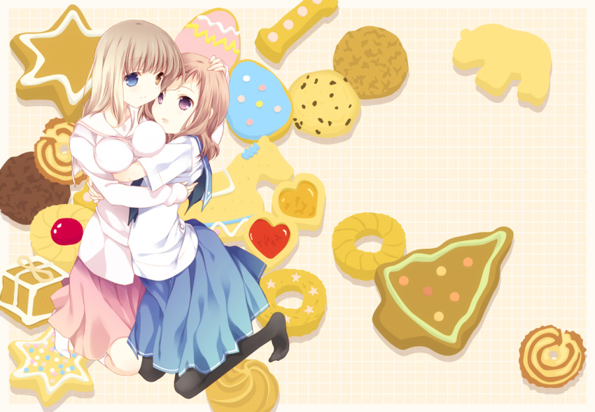 2girls animal_crackers bad_id bad_pixiv_id black_pantyhose blonde_hair blue_eyes blue_skirt blush breasts chocolate_chip_cookie cookie food fukuji_mihoko gingerbread_cookie heterochromia hug kazekoshi_school_uniform kiyosumi_school_uniform long_hair medium_breasts multiple_girls open_mouth pantyhose purple_eyes red_hair saki_(manga) school_uniform serafuku short_hair skirt smile takei_hisa thumbprint_cookie tokumi_yuiko