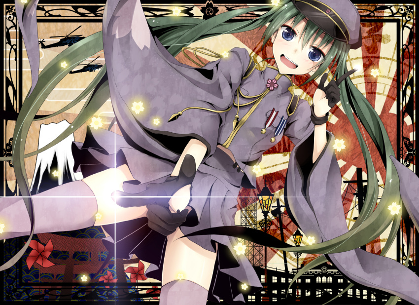 aircraft blue_eyes commentary_request egasumi female finger_gun flask_(pandora) furisode_sleeves gloves green_hair gunship hat hatsune_miku helicopter highres long_hair medal open_mouth peaked_cap pinwheel sayagata seigaiha senbonzakura_(vocaloid) skirt solo thighhighs twintails very_long_hair vocaloid