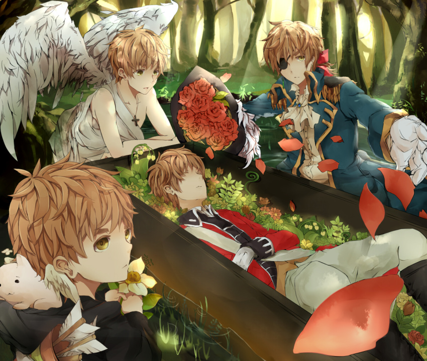 4boys angel_wings arrow_(projectile) ascot axis_powers_hetalia bad_id bad_pixiv_id blonde_hair bouquet closed_eyes coffin cross daffodil eyepatch flower forest gloves hood hood_basket hood_down lying male_focus military military_uniform motune multiple_boys multiple_persona nature petals ribbon rose tree uniform united_kingdom_(hetalia) wading water wings yellow_eyes