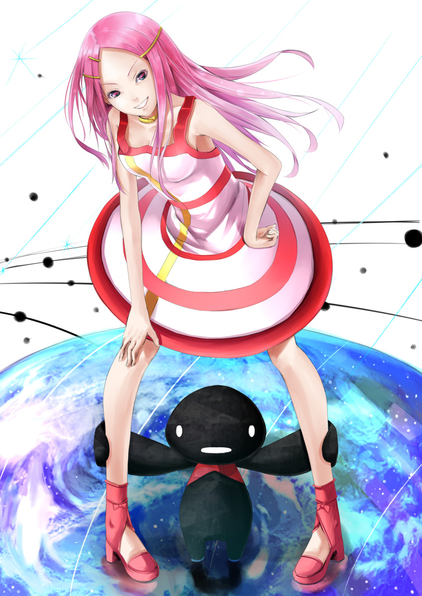 absurdres anemone_(eureka_seven) bad_id bad_pixiv_id dress earth_(planet) eureka_seven eureka_seven_(series) female grin hair_ornament hairclip hand_on_own_hip highres legs long_hair long_legs pigeon-toed pink_eyes pink_hair planet reio_reio smile solo theend