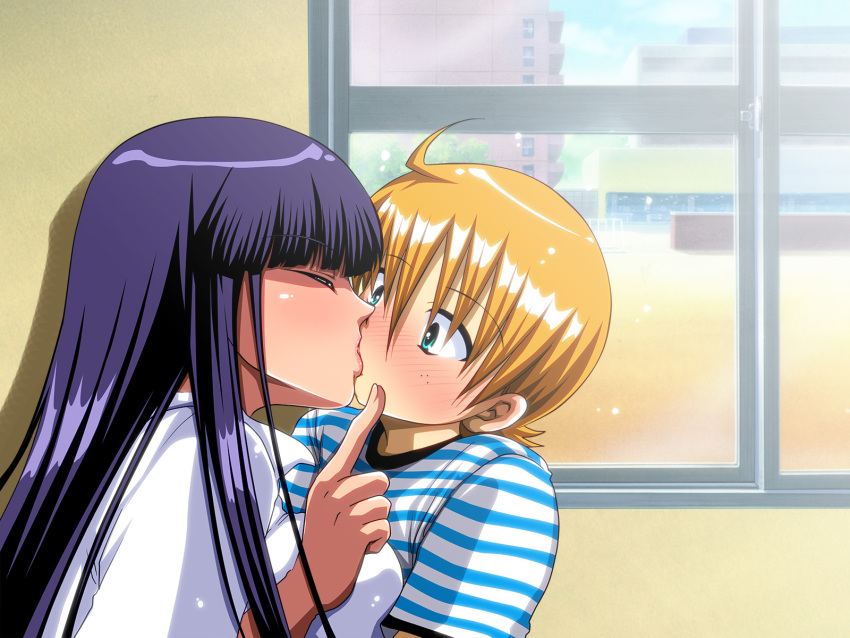 1boy blonde_hair blue_hair female highres kissing lolicon sakura_pudding sakuraprin shirt straight straight straight_shota striped striped_shirt yumiko_sensei_to_boku