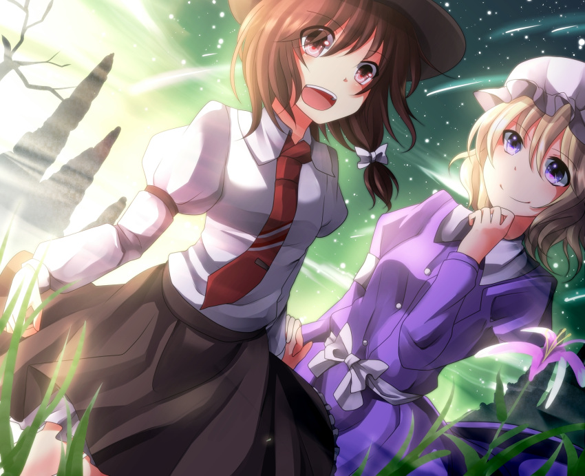 2girls arm_up blonde_hair bow brown_hair commentary_request dress flower ghostly_field_club hair_ribbon hand_on_own_chin hat highres kuga_huna maribel_hearn multiple_girls necktie night pink_eyes purple_dress purple_eyes ribbon sash shirt shooting_star short_hair skirt sky smile star_(sky) touhou usami_renko