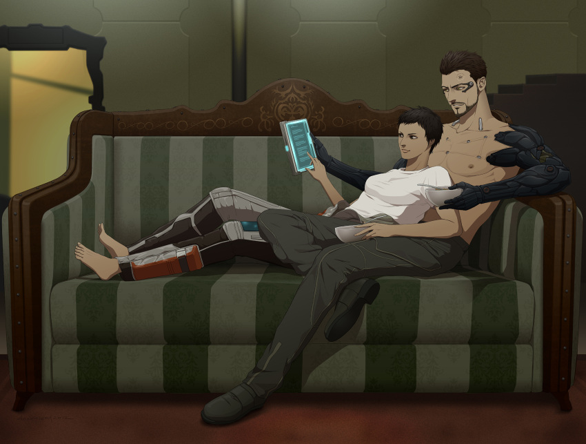 adam_jensen beard brown_hair deus_ex deus_ex:_human_revolution facial_hair faridah_malik genmaipudding gloves short_hair