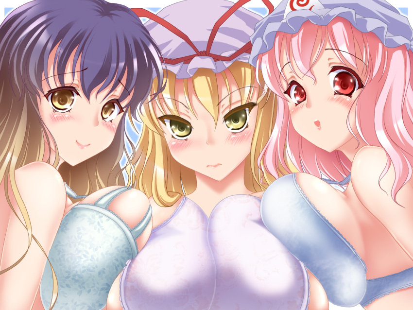 3girls bare_shoulders blonde_hair blue_bra blush bra breast_press breasts brown_eyes brown_hair commentary_request gradient_hair hijiri_byakuren large_breasts lingerie looking_at_viewer multicolored_hair multiple_girls negamaro pink_hair purple_background purple_hair red_eyes saigyouji_yuyuko short_hair touhou underwear yakumo_yukari yellow_eyes