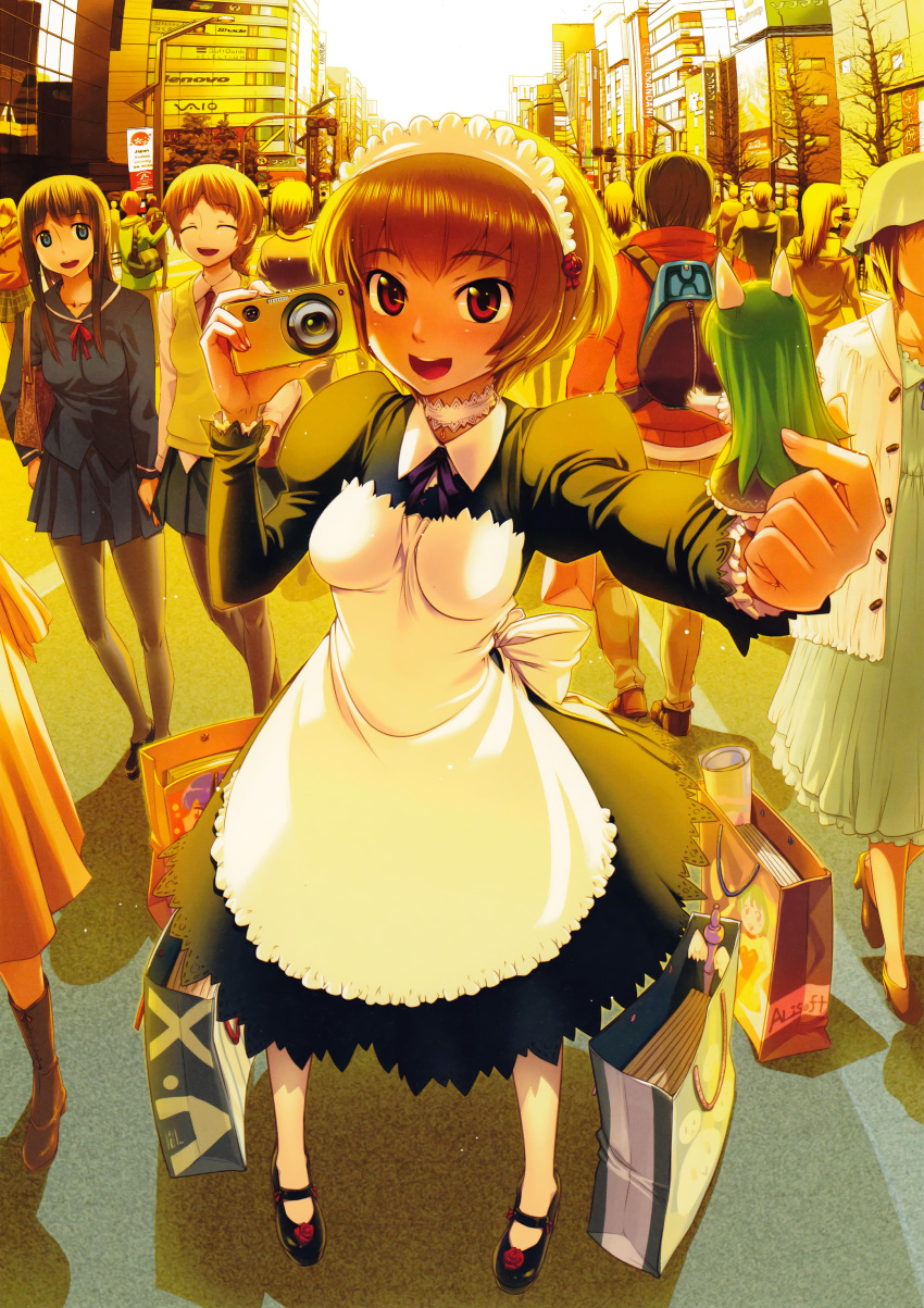 2boys 6+girls :d absurdres akihabara_(tokyo) apron bag beckoning black_hair black_legwear blue_eyes breasts brown_hair camera choker closed_eyes crowd figure fisheye highres koume_keito maid maid_headdress mary_janes medium_breasts multiple_boys multiple_girls open_mouth original pantyhose puffy_sleeves real_world_location red_eyes road school_uniform serafuku shoes shopping_bag short_hair smile solo_focus street sunset tokyo_(city) white_legwear