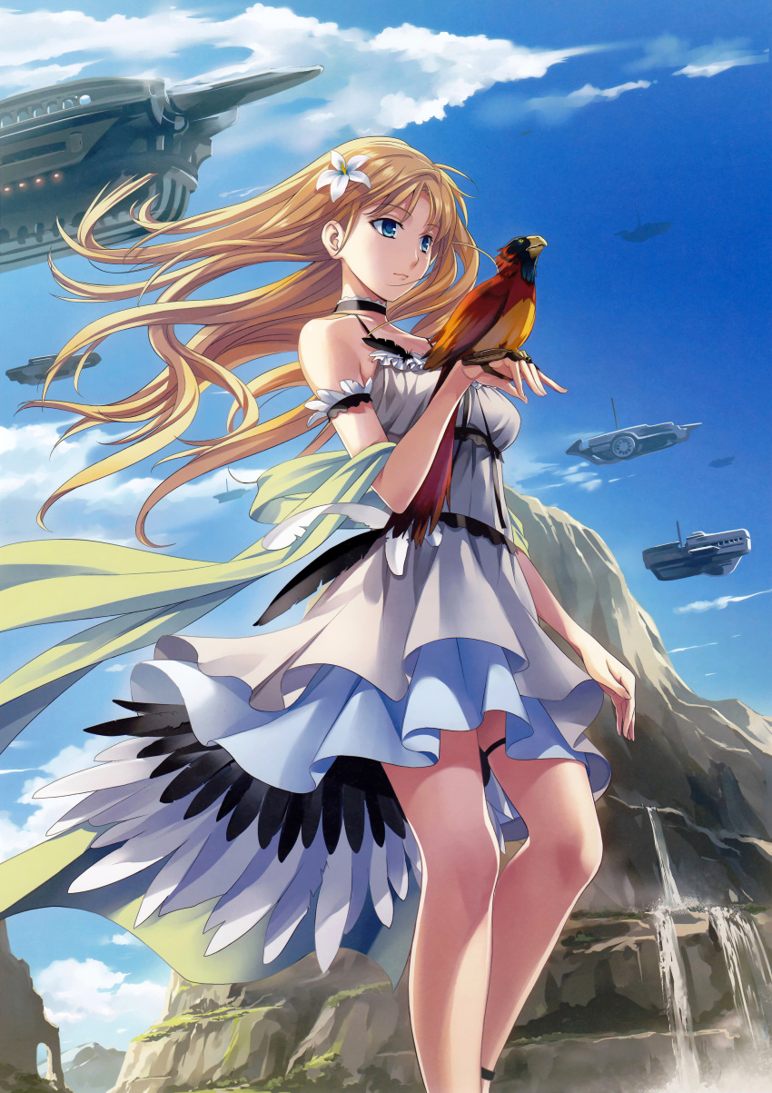 absurdres aircraft airship bare_shoulders bird blonde_hair blue_eyes blue_sky choker cloud day dress ekusa_takahito feathers female floating_hair flower from_below hair_flower hair_ornament highres legs long_hair original outdoors photoshop_(medium) scan sky solo thigh_strap white_dress