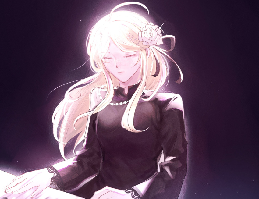 absurdres ahoge ajex_(axajex) akamatsu_kaede black_dress blonde_hair closed_eyes closed_mouth commentary danganronpa_(series) danganronpa_v3:_killing_harmony dress english_commentary female flower gradient_background hair_flower hair_ornament highres instrument jewelry kanda_sayaka long_hair long_sleeves music musical_note musical_note_hair_ornament necklace playing_instrument playing_piano purple_background red_dress rose solo white_flower white_rose