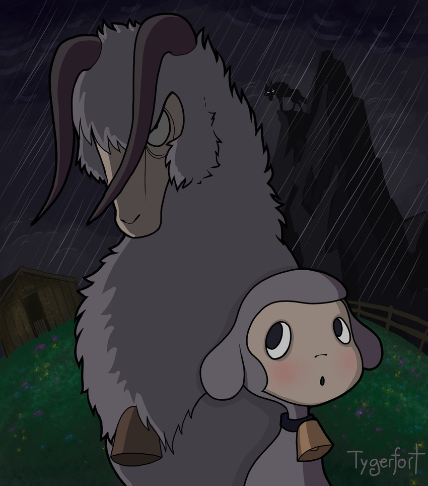 2020 angry baby being_watched blush bovid canid canine canis caprine chirin_(ringing_bell) cloud creepy digital_drawing_(artwork) digital_media_(artwork) domestic_sheep feral flower fur glowing glowing_eyes grass grey_body grey_fur grey_wool hi_res horn lolicon looking_at_another male mammal mountain night plant raining ringing_bell_(film) sanrio sheep silhouette tygerfort_(artist) white_body white_fur white_wool woe wolf wool_(fur) worried_look young