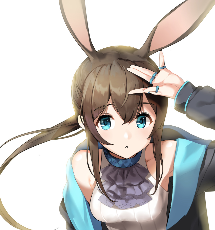 :o absurdres amiya_(arknights) animal_ears arknights arm_up armpits ascot bare_shoulders black_jacket blue_eyes breasts brown_hair extra_ears female highres jacket jewelry looking_at_viewer low_ponytail medium_breasts multiple_rings off_shoulder open_clothes open_jacket parted_lips ponytail purple_ascot rabbit_ears ring shirt shovelwell sidelocks simple_background sleeveless sleeveless_shirt solo thumb_ring upper_body white_background white_shirt