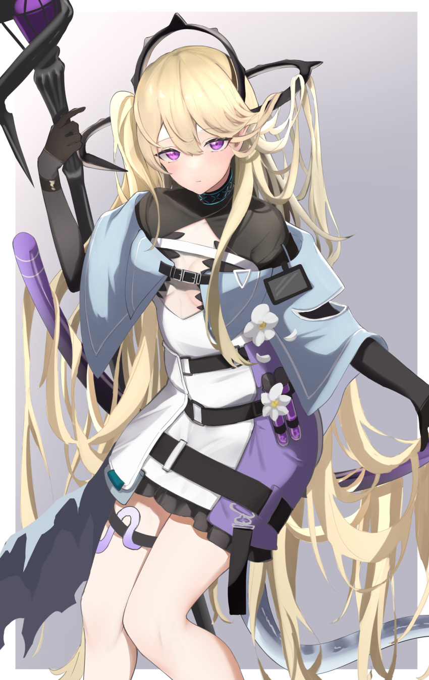 arknights asumi_maboroshi belt black_belt black_gloves blonde_hair dress feet_out_of_frame female flower gloves gradient_background grey_background hair_between_eyes highres holding holding_staff indigo_(arknights) long_hair looking_at_viewer purple_eyes short_dress solo staff standing thigh_strap very_long_hair white_flower