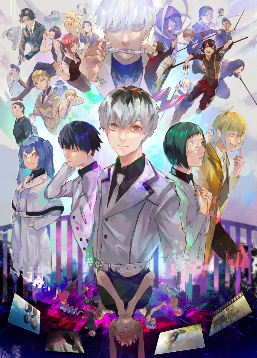 6+boys 6+girls :d abara_hanbee absurdres animal arima_kishou arms_up aura_kiyoko bandages belt black_hair black_headwear black_jacket black_pants black_shirt black_vest blonde_hair blue_hair brown_coat canine character_request coat crossed_arms dark_persona dual_persona eto_(tokyo_ghoul) everyone eyepatch facial_hair formal furuta_nimura glasses green_hair grey_belt grey_eyes grey_hair grey_jacket grin gun hair_over_one_eye hair_slicked_back hands_on_own_hips heterochromia highres holding holding_gun holding_weapon hood hood_up houji_kousuke ihei_hairu itou_kuramoto jacket kaneki_ken kanou_akihiro kijima_shiki kirishima_touka kuroiwa_iwao kyuuba_melo long_sleeves looking_at_viewer looking_up mado_akira marude_itsuki medical_eyepatch mikage_miyuki mole mole_under_eye moustache multicolored_background multiple_boys multiple_girls mutsuki_tooru nagachika_hideyoshi nakarai_keijin necktie no_pupils open_clothes open_coat open_mouth pants pointing red_eyes red_shirt sasaki_haise scar scythe shirazu_ginshi shirt short_hair skirt smile suit suspenders suzuya_juuzou takizawa_seidou tamaki_mizurou tanakamaru_mougan teeth tokyo_ghoul tokyo_ghoul:re tsukiyama_shuu uniform upper_body upside-down urie_kuki vest washuu_matsuri washuu_yoshitoki weapon white_eyes yomo_renji yonebayashi_saiko