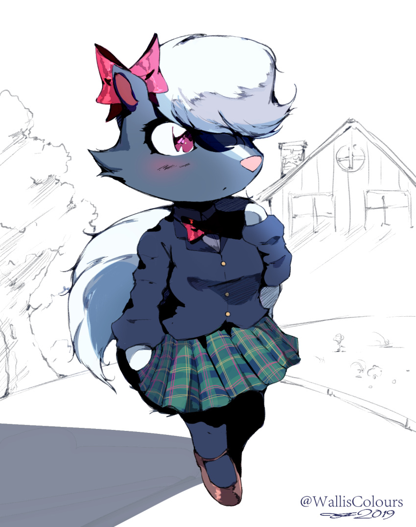 2019 accessory animal_crossing anthro artist_name black_body black_fur blouse blush bottomwear bow_collar bow_ribbon clothed clothing crossdressing dated femboy flats footwear full-length_portrait fur hair hair_accessory hair_over_eye hair_ribbon hairbow hi_res kicks_(animal_crossing) legwear male mammal mary_janes mephitid nintendo one_eye_obstructed outside pantyhose partially_colored pattern_bottomwear pattern_clothing pattern_skirt pink_nose plaid plaid_bottomwear plaid_clothing plaid_skirt portrait purple_eyes ribbons shoes signature skirt skunk solo topwear walking walliscolours white_body white_fur white_hair