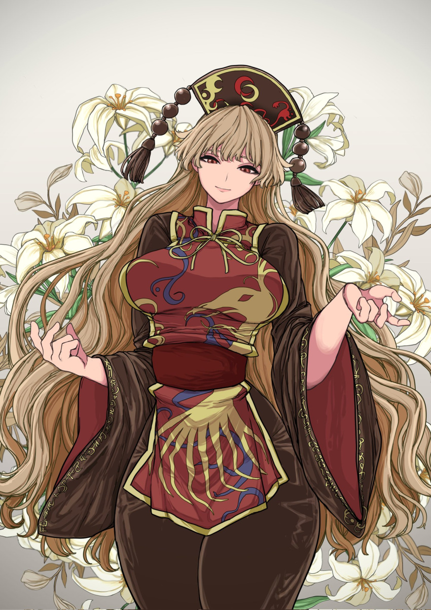 black_dress black_hat blonde_hair blush breasts bud chinese_clothes closed_mouth crescent_print dress female flower fox_print ghostship55 gold_trim gradient_background hat highres holding holding_flower junko_(touhou) large_breasts leaf light_smile lily_(flower) long_hair long_sleeves looking_at_viewer mature_female necktie phoenix_crown pom_pom_(clothes) red_eyes ribbon sash sidelocks solo standing tabard tassel thick_thighs thighs touhou very_long_hair white_flower wide_hips wide_sleeves yellow_necktie yellow_ribbon