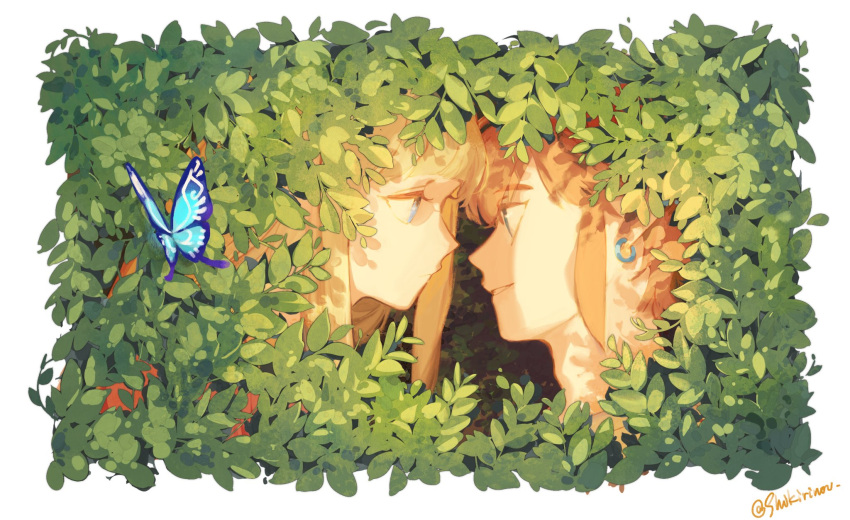 1boy blue_butterfly blue_eyes border bug butterfly earrings eye_contact female highres jewelry link long_hair looking_at_another parted_lips princess_zelda profile shikiri smile teeth the_legend_of_zelda the_legend_of_zelda:_breath_of_the_wild white_border