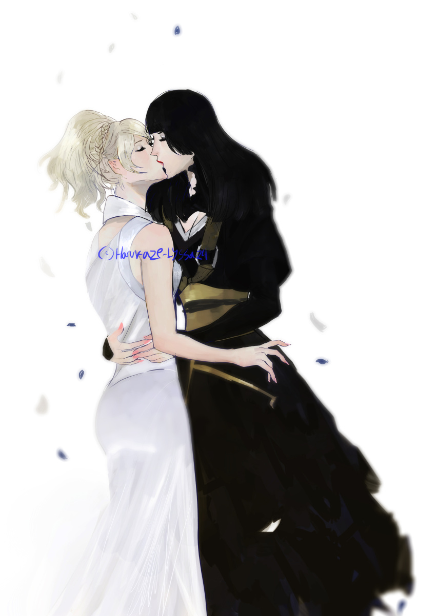 2girls absurdres artist_name black_dress black_hair black_kimono black_vs_white blonde_hair blush braid breasts cleavage closed_eyes couple dress final_fantasy final_fantasy_xv full_body gentiana harukaze-lyssa24 highres hime_cut hug japanese_clothes kimono kissing lips long_hair lunafreya_nox_fleuret medium_breasts multiple_girls nail obi petals ponytail sash simple_background white_background white_dress yuri