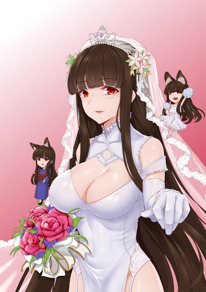 3girls absurdres akagi_(warship_girls_r) animal_ear_fluff animal_ears black_hair bouquet breasts bridal_veil bride cleavage dress elbow_gloves extra_ears flower fox_ears garter_belt gloves hei_ling highres holding holding_bouquet long_hair mini_person minigirl multiple_girls one_eye_closed red_eyes sidelocks size_difference solo_focus tiara veil warship_girls_r wedding_dress white_dress white_gloves