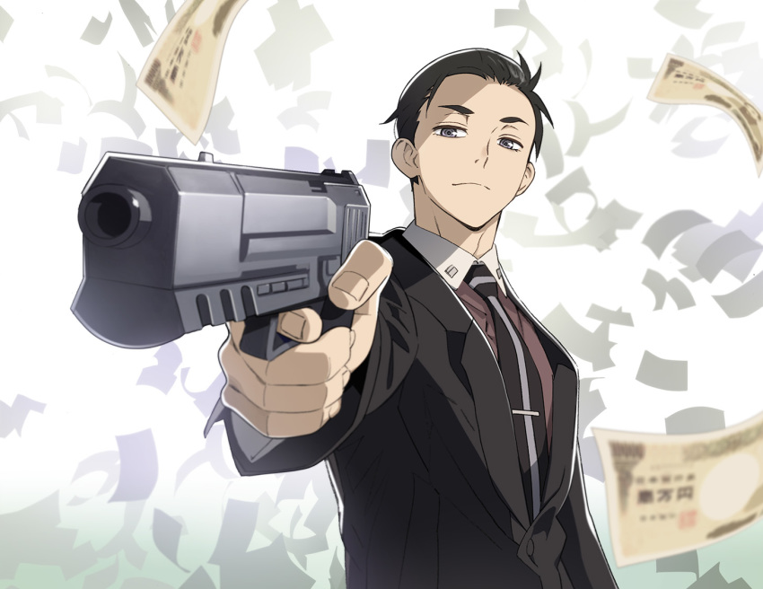 1boy black_hair commentary english_commentary finger_on_trigger formal fugou_keiji_balance:unlimited gun handgun holding holding_gun holding_weapon kanbe_daisuke male_focus money money_rain necktie nyoro_(nyoronyoro000) photoshop_(medium) short_hair simple_background solo suit weapon