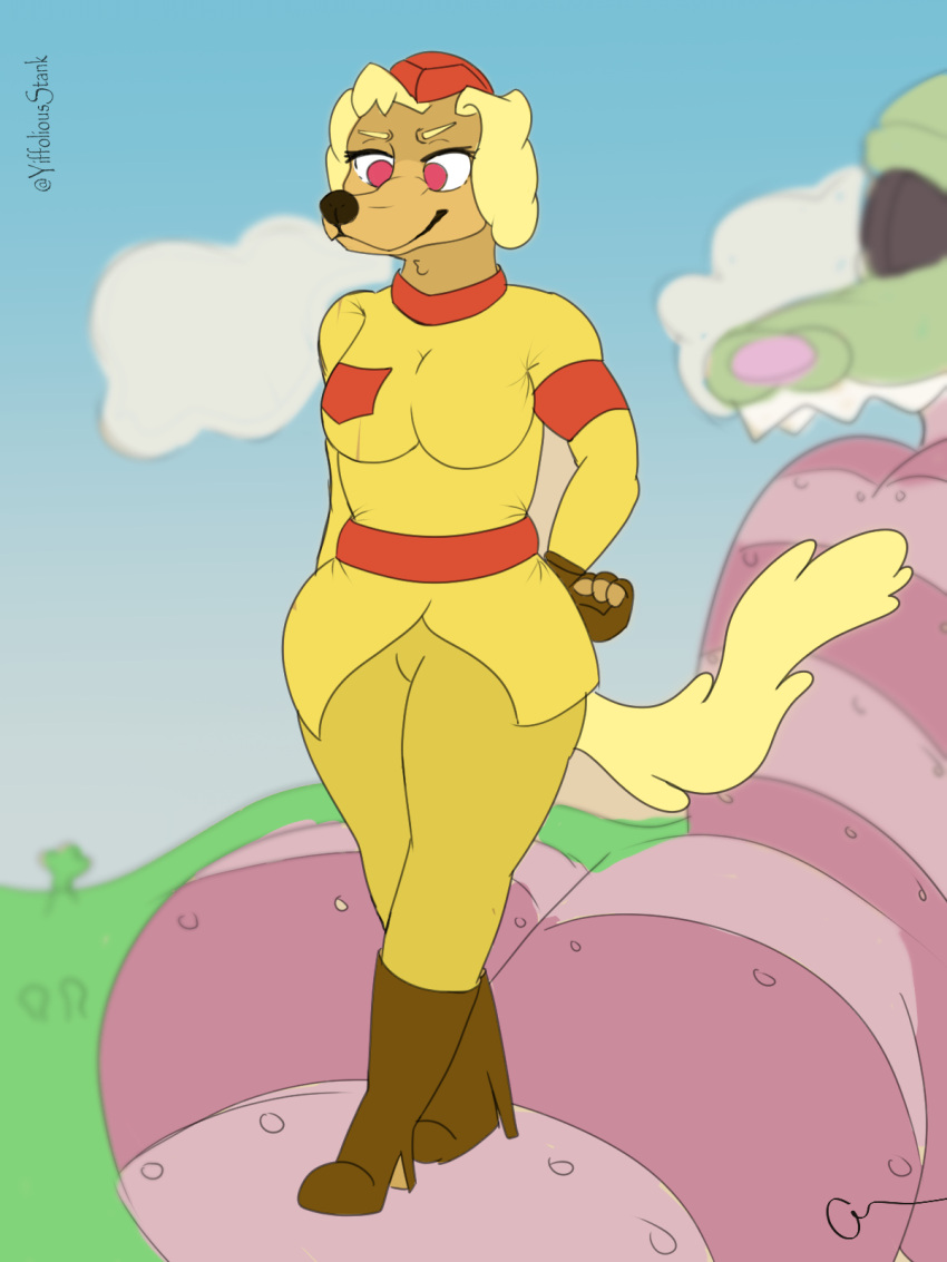 2022 3:4 aircraft airplane anthro boots breasts canid canine canis chinook_(cuphead) clothed clothing cuphead_(game) domestic_dog female footwear fur hi_res high_heeled_boots high_heels hunting_dog living_aircraft living_machine living_vehicle machine mammal military_uniform on_tongue saluki sgt._o'fera_(cuphead) sighthound solo tan_body tan_fur uniform vehicle yiffoliousstank