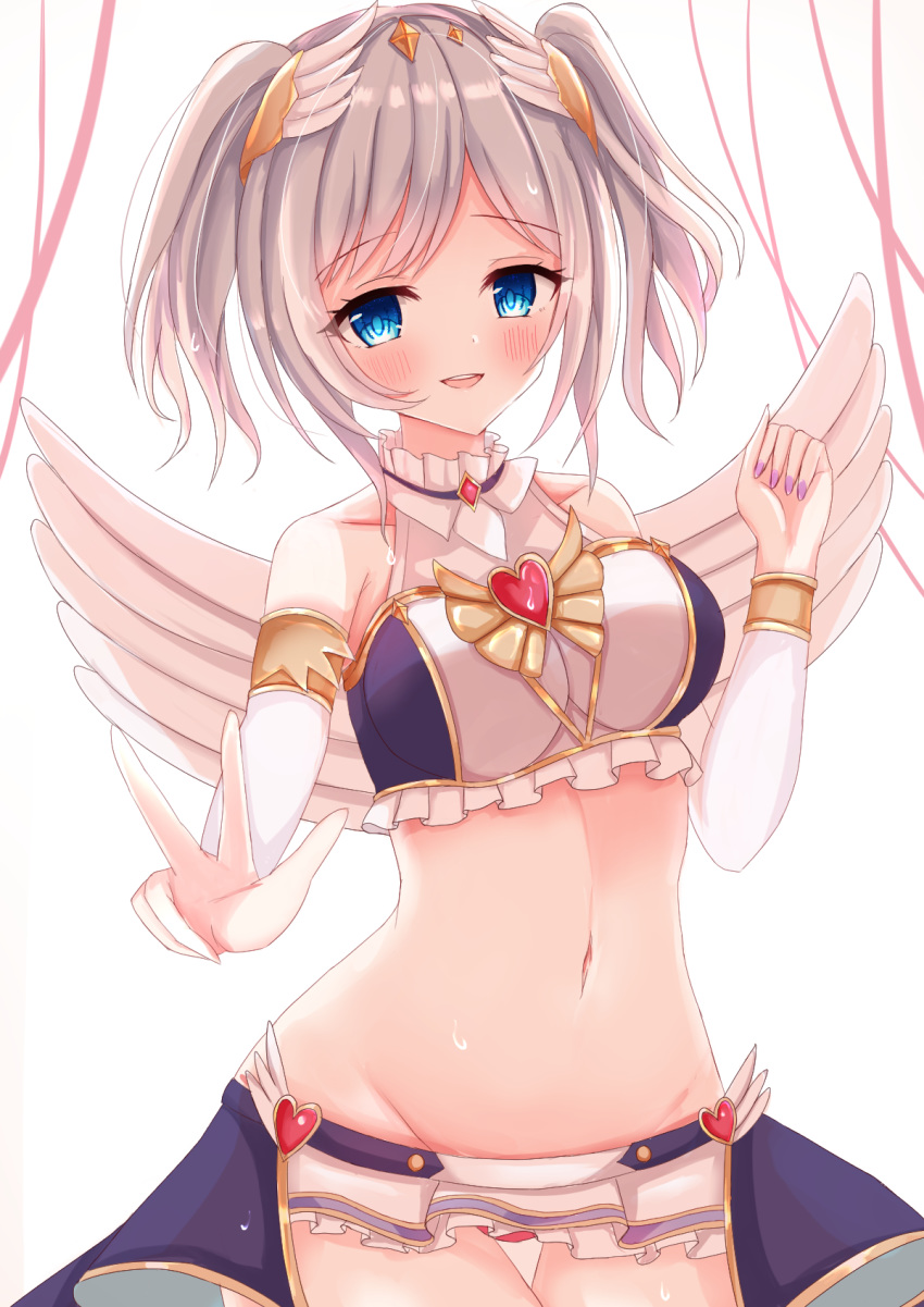 :d akari_(angel)_(princess_connect!) akari_(princess_connect!) angel_wings bare_shoulders blue_eyes blush breasts clenched_hand collarbone commentary_request cowboy_shot crop_top detached_sleeves feathered_wings female grey_hair groin hand_up heart-shaped_ornament highres imono_y large_breasts looking_at_viewer microskirt midriff navel open_mouth princess_connect! purple_nails short_hair short_twintails sidelocks simple_background skirt smile solo standing teeth twintails upper_teeth_only v w waist_cape wet white_background white_skirt white_sleeves wing_hair_ornament wings