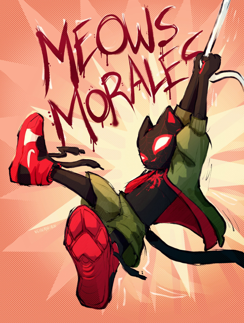 absurd_res action_pose anthro black_hair bodysuit bottomwear clothing domestic_cat felid feline felis footwear hair hi_res jacket male mammal marvel mask meows_morales miles_morales nike pose shoes shorts skinsuit sneakers solo spider-ham spider-man:_spider-verse spider-man_(series) spider_web superhero superpowers tight_clothing topwear vehemourn web_swinging