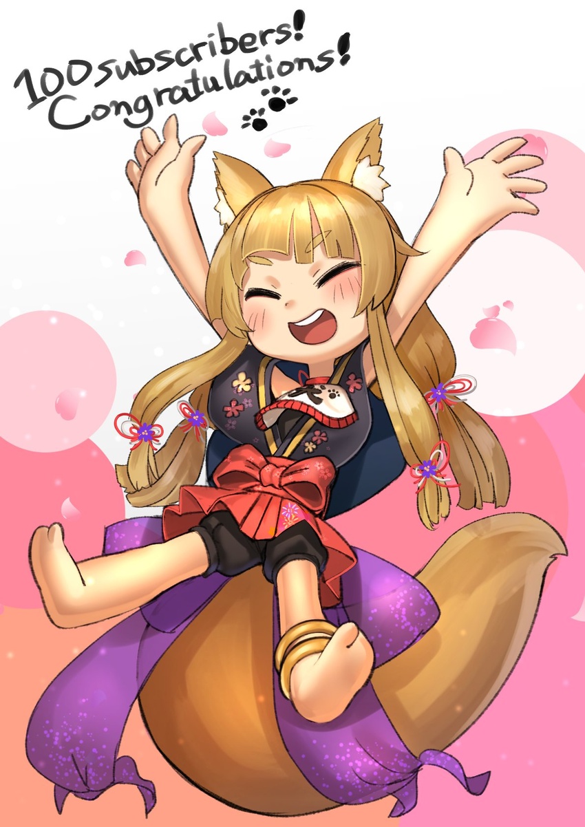 :d ^_^ animal_ear_fluff animal_ears anklet arms_up back_bow bad_id bad_twitter_id barefoot black_shorts blonde_hair blush bow chibi closed_eyes congratulations english_text facing_viewer female fox_ears fox_tail full_body hakama hakama_short_skirt hakama_skirt hands_up highres indie_virtual_youtuber inukai_gonta japanese_clothes jewelry jumping kilye_kairi large_tail long_hair low-tied_long_hair milestone_celebration ninja_toes open_hands open_mouth petals red_hakama red_skirt shorts sidelocks skirt smile solo tail teeth upper_teeth_only virtual_youtuber