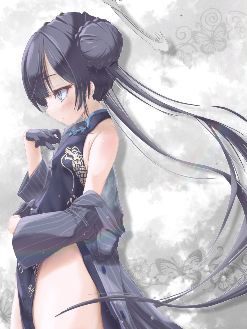 absurdres black_coat black_dress black_gloves black_hair blue_archive blush braid braided_bun china_dress chinese_clothes coat collarbone commentary double_bun dress facing_viewer female from_side gloves grey_eyes hair_between_eyes hair_bun halo highres kisaki_(blue_archive) long_hair long_sleeves looking_afar looking_ahead open_clothes open_coat pelvic_curtain profile side_slit sidelocks simple_background sleeveless solo tomonx twintails wind