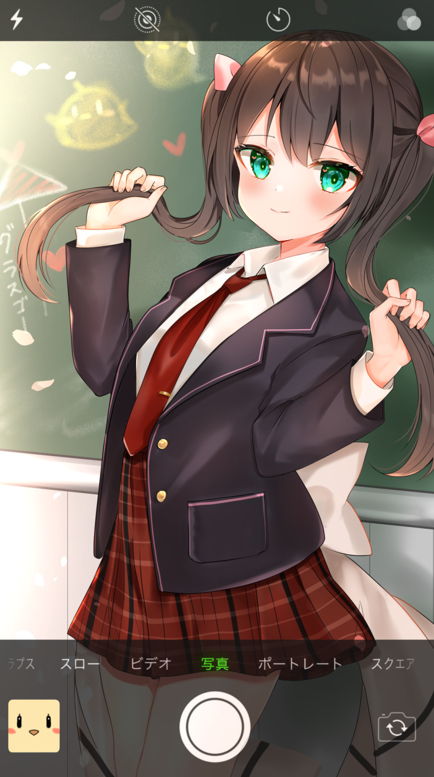 ai_ai_gasa azur_lane bad_id bad_pixiv_id black_hair black_jacket blazer closed_mouth collared_shirt commentary fake_phone_screenshot fake_screenshot female fingernails glasgow_(a_maid_in_class)_(azur_lane) glasgow_(azur_lane) green_eyes hair_between_eyes hair_ribbon highres holding holding_own_hair indoors jacket katsushika_pachi long_hair long_sleeves looking_at_viewer manjuu_(azur_lane) necktie open_clothes open_jacket pink_ribbon plaid plaid_skirt pleated_skirt red_necktie red_skirt ribbon school_uniform shirt skirt smile solo symbol-only_commentary translated twintails white_shirt