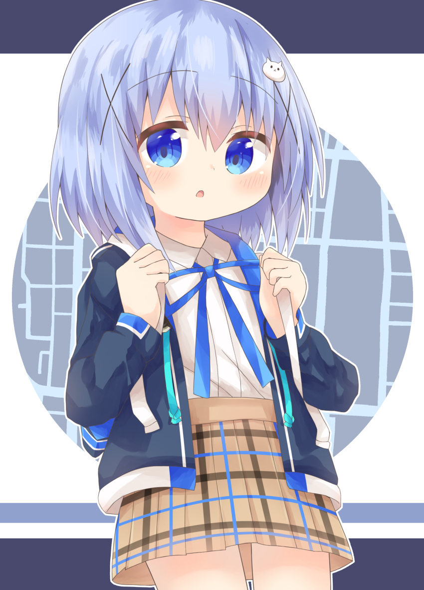 absurdres alternate_hair_length alternate_hairstyle black_jacket blue_eyes blue_hair blue_ribbon brown_skirt clockwork_rabbit collared_shirt commentary_request female gochuumon_wa_usagi_desu_ka? hair_between_eyes hair_ornament highres holding_strap jacket kafuu_chino long_sleeves looking_at_viewer nakkar neck_ribbon open_clothes open_jacket outline parted_lips partial_commentary plaid plaid_skirt pleated_skirt rabbit_hair_ornament ribbon shirt short_hair skirt solo white_outline white_shirt x_hair_ornament